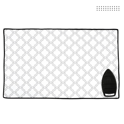 Big 48x28 Inch Ironing Mat Pad With 3mm Padding And Silicone Iron Rest For Steam Pressing On Tabletop Or Bed Heat Resistant Portable Quilting Travel Blanket White Tiles Pattern with visible black border and silicone iron rest.