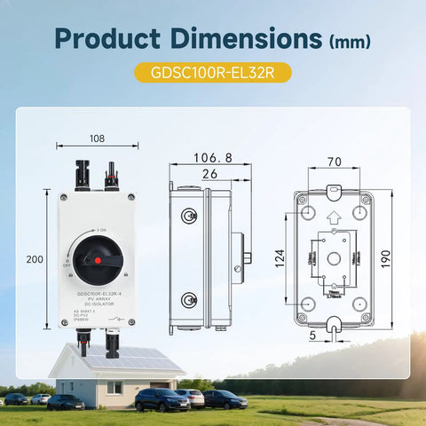 Dimensions diagram of 32A DC 1200V Solar Disconnect Isolator Switch With IP66 Waterproof Enclosure for solar installations