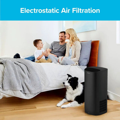 Family with dog relaxing in bedroom using F2 Room Air Purifier Filter 2 Pack True HEPA Premium Allergen Bacteria And Virus Capture.