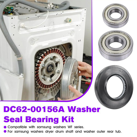 Premium Heavy Duty Replacement Washer Tub Bearings And Seal Kit For Samsung Front Load Washers shown with steel bearings and seal.