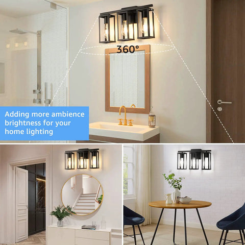 3 Light Farmhouse Vanity Light With Metal Cage In Black Anti Rust Wall Lamp in bathroom and hallway settings