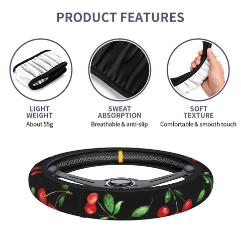Cherry Themed Aluminum License Plate Frame With Anti Slip Breathable Steering Wheel Cover Dope Little Red Cherries Look