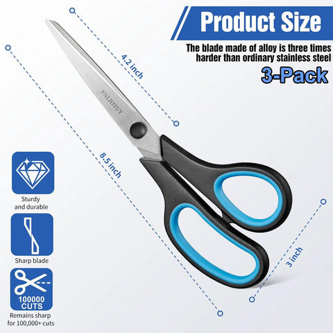 Three Pack Heavy Duty All Purpose Scissors Set With Stainless Steel Blades And Ultra Sharp Edges Ergonomic Comfort Grip Handles For Office Home School Sewing And Crafts Ideal For Paper Cardboard Fabric And More, 8.5-inch