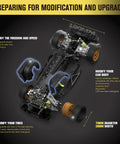 Beastly Brushless 1/10 RC Rally Car Ready To Run With 4WD Waterproof Electronics Carbon Fiber Chassis Hits Over 40 MPH For Beginners Ages 14 And Up Blue frame with modifications detailed.