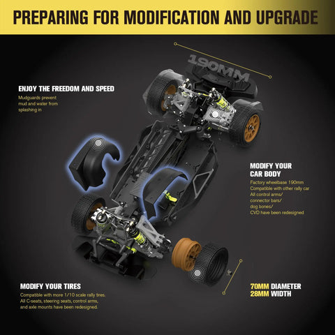 Beastly Brushless 1/10 RC Rally Car Ready To Run With 4WD Waterproof Electronics Carbon Fiber Chassis Hits Over 40 MPH For Beginners Ages 14 And Up Blue frame with modifications detailed.