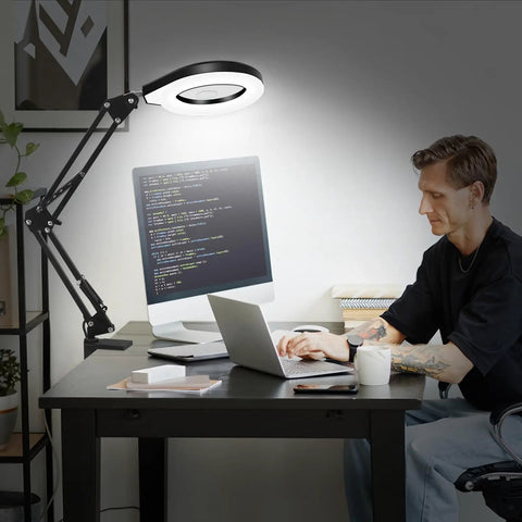 Hands Free Desk Magnifier With Light 10X And 5X Real Glass Anti Glare Lens, 5 Color Mode Stepless Dimmable LED Clamp Lamp