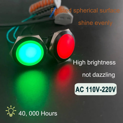 Green LED Indicator Light 110 To 220V AC Metal Built To Last Waterproof IP67 Raised Head With Wire in a lit environment