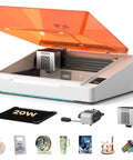 20W AI Smart Laser Engraver With HD Camera Positioning, auto focus, orange top cover, safety enclosure, desktop cutter with accessories