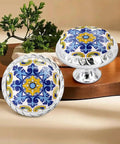Yellow And Blue Mediterranean Tile Drawer Knobs With Crystal Glass And Silver Base on wooden surface, Boho Style Cabinet Pulls