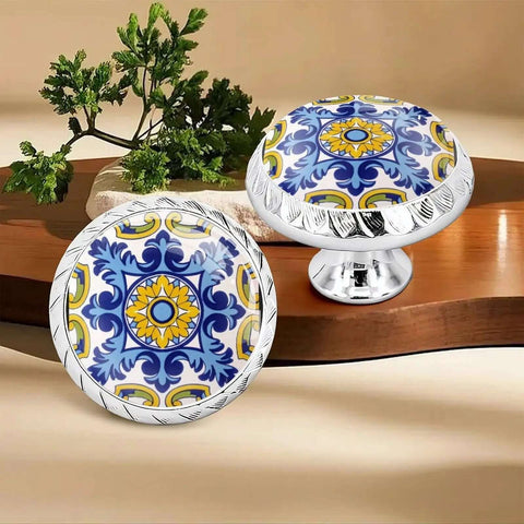 Yellow And Blue Mediterranean Tile Drawer Knobs With Crystal Glass And Silver Base on wooden surface, Boho Style Cabinet Pulls