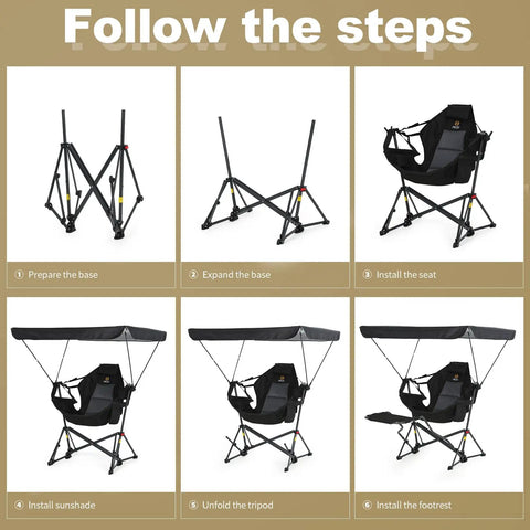 Setup steps for Comfy Hammock Chair With Canopy And Detachable Footrest, Portable Swing Camping Chair With Shade and Carry Bag.