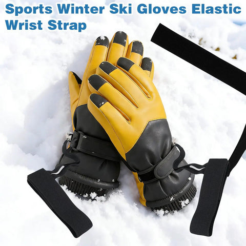 Winter Ski Gloves With Elastic Wrist Straps And Safety Straps For Snowboarding And Mountaineering Includes Keychains Durable Outdoor Gear For Men Built For Tough Conditions displayed on snow.
