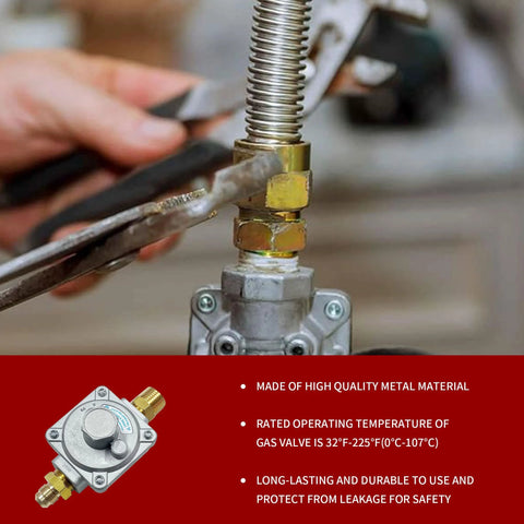 Gas pressure regulator with brass 1/2-inch NPT adapters; installation scene with a wrench on a grey regulator.