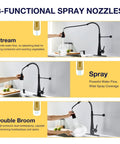 TOYWIA Kitchen Faucets with Pull Down Sprayer, High Arc Single Handle Classic Stainless Steel Sink Faucet 1 or 3 Hole, Suitable for Farmhouse Camper Laundry Rv Bar, Matte Black showcasing 3 functional spray nozzles including Stream, Spray, and Double Broom.
