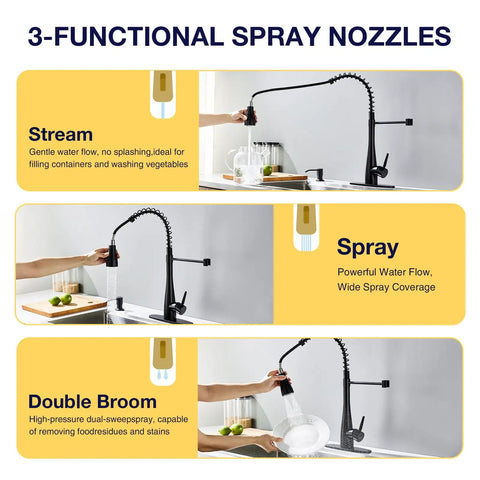 TOYWIA Kitchen Faucets with Pull Down Sprayer, High Arc Single Handle Classic Stainless Steel Sink Faucet 1 or 3 Hole, Suitable for Farmhouse Camper Laundry Rv Bar, Matte Black showcasing 3 functional spray nozzles including Stream, Spray, and Double Broom.