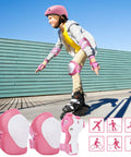 Child roller skating with Kid Friendly 7 Piece Protective Gear Set With Adjustable Helmet Knee Pads Elbow Pads And Wrist Guards For Outdoor Sports Like Cycling Skateboarding Roller Skating And Scooter Pink For Ages 3 To 10