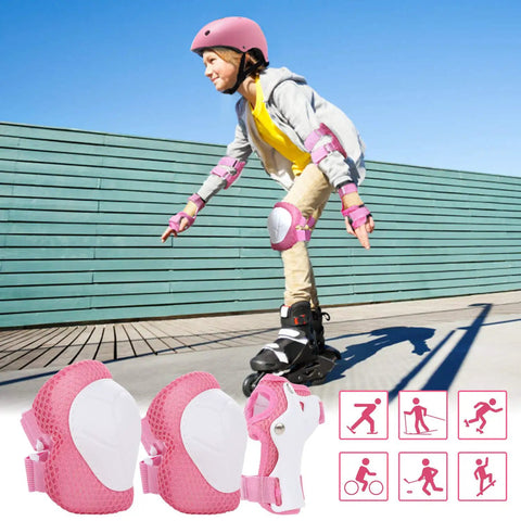 Child roller skating with Kid Friendly 7 Piece Protective Gear Set With Adjustable Helmet Knee Pads Elbow Pads And Wrist Guards For Outdoor Sports Like Cycling Skateboarding Roller Skating And Scooter Pink For Ages 3 To 10