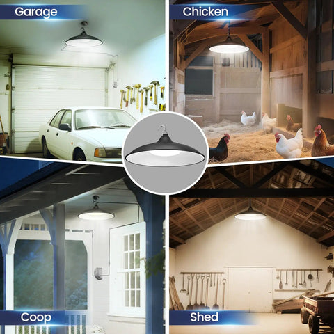 Badass Sunlight Solar Shed Light With Motion Sensor And Remote Switch 3200 Lumens IP65 Waterproof Hanging Lamp For Barn Garage Four Lighting Modes in a garage, chicken coop and shed.