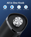 Close-up of multifunctional knob on USB Powered PC Speakers With Bluetooth Hi Fi Stereo Sound Bar for desktop.
