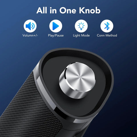 Close-up of multifunctional knob on USB Powered PC Speakers With Bluetooth Hi Fi Stereo Sound Bar for desktop.