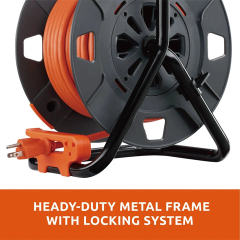 Heavy Duty 80 Foot Cord Reel Extension Cord With Four Outlets High Visibility 14 AWG SJTW Cable Tangle Free Cord Management Built In Reel And Safety Circuit Breaker For Overload Protection