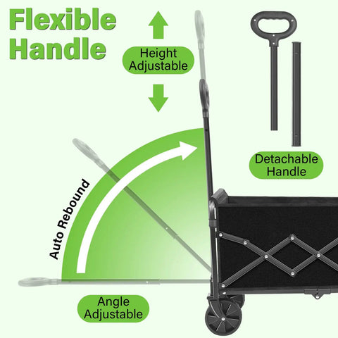 Foldable Wagon Cart With Wheels For Outdoor Adventures showing height adjustable and angle adjustable detachable handle.