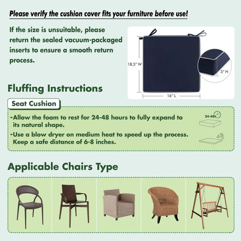 Diagram and instructions for Navy Outdoor Chair Cushions Set Of 4, 18.5x16x3 Inches, Waterproof Patio Seat Cushions For Outdoor Furniture
