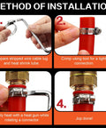 Instructional collage of stainless steel worm-gear clamps being installed on tubing: prep, crimp, heat, and final joint.