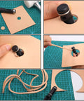 Leather Cord Knife Craft Kit With Three Replaceable Blades cutting leather strips on green mat.