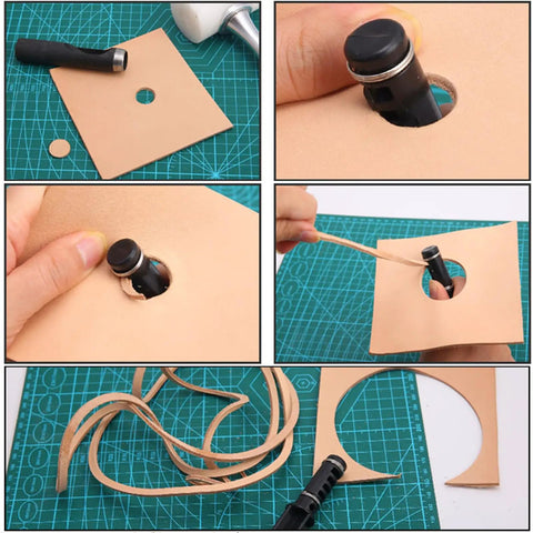 Leather Cord Knife Craft Kit With Three Replaceable Blades cutting leather strips on green mat.