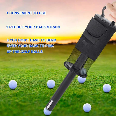 Top Golf Ball Collector Shag Bag Holds About 75 Balls With Detachable Retriever Tube And Nylon Storage Bag Black shown in field scooping balls