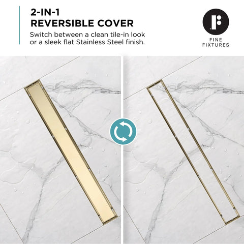 Rugged 42 Inch Linear Shower Drain With Flip Style Tile Cover And Sleek Satin Brass Trim showing reversible cover options.