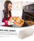 Woman using oven next to Ten Piece Microwave Mica Sheets For Oven Insulation And Heat Resistant Shield Reusable Mica Plates For Microwave Ovens Gotta Have Kitchen Accessory That Keeps Cooking Clean And Safe
