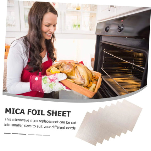 Woman using oven next to Ten Piece Microwave Mica Sheets For Oven Insulation And Heat Resistant Shield Reusable Mica Plates For Microwave Ovens Gotta Have Kitchen Accessory That Keeps Cooking Clean And Safe