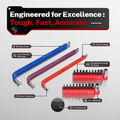 Magnetic Ball End Allen Wrench Set With Color Coded And Extra Long Arms, 40-Piece SAE And Metric Hex Key Set With Screwdriver Bit