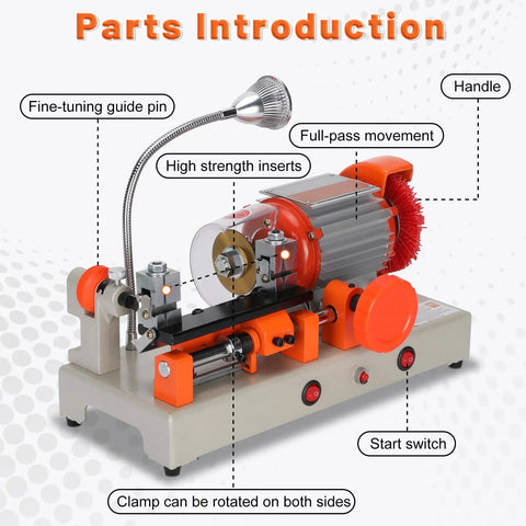 Metal Cutting Machine 110V 120W 2in1 Manual And Automatic with parts labeled including handle, guide pin, and start switch.