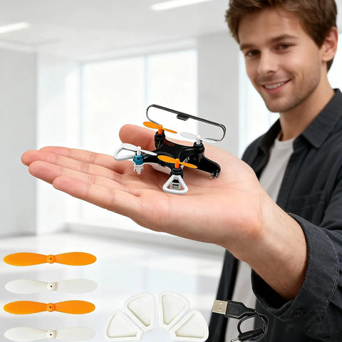 Beginner Friendly Small Drone For All Ages with easy takeoff, propeller guards, and accessories shown in a person's hand.