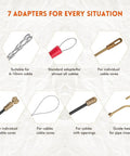 7 adapters for Heavy Duty 164 Foot Fiberglass Fish Tape Cable Puller Kit with various uses and cable compatibilities.