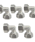 Built Tough 3/4 Inch Compressed Air 90 Degree Elbow Pipe Fittings Solid Brass Tubing Double O Ring Leak Proof Air Line Connectors 175 Psi 5 Pack shown in a group of five pieces.
