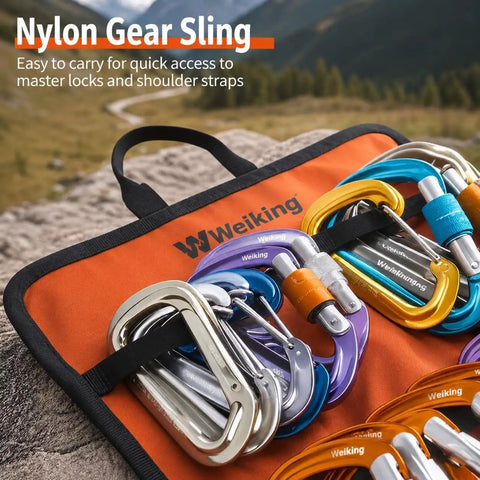 Rock Climbing Gear Storage Bag For Quickdraws And Small Parts Carabiner Hook Organizer with multiple carabiners displayed