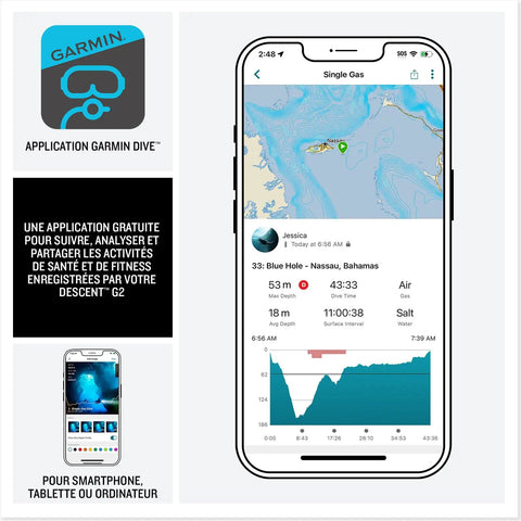 Garmin Dive app interface for monitoring Descent G2 Watch Style Dive Computer With Bright AMOLED Display And Sapphire Lens