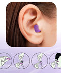 Close-up of ear with soft foam ear plugs, Softies for Sleeping and Snoring, Travel, Work, and Shooting 33 dB NRR Made in USA Purple