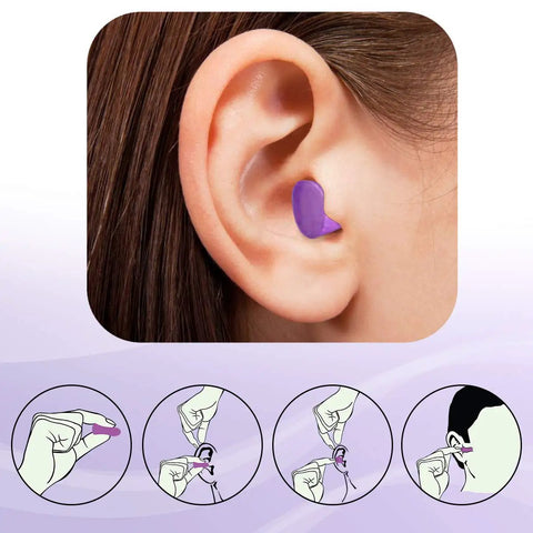 Close-up of ear with soft foam ear plugs, Softies for Sleeping and Snoring, Travel, Work, and Shooting 33 dB NRR Made in USA Purple