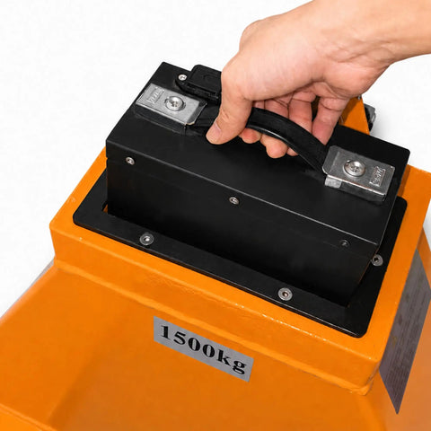 Heavy Duty Electric Pallet Jack 3300 Lbs Capacity 45X27 Forks Lithium Battery Powered Stand Up Walkie battery pack being handled.