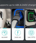 Tesla To J1772 EV Charging Adapter Converter NACS, 48 Amp At 240V, charging setup close-up with plugs and connectors, black