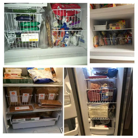 Vibe Shift Your Deep Freeze Setup With Heavy Duty Wire Baskets Acting As Kitchen Storage Organizer Bins For Chest Or Upright Models Refrigerator Dividers With Beefy Handles Four Pack Pearl White in freezer with organized food.