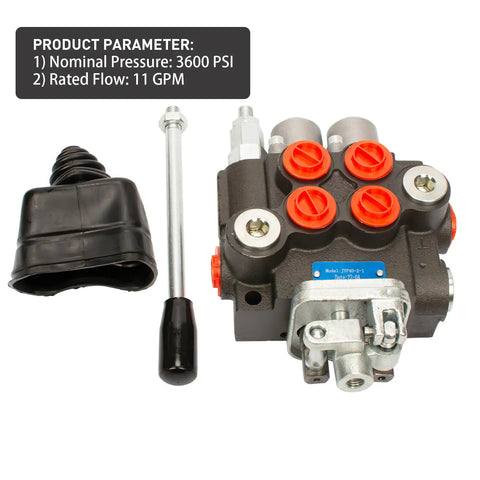 Joystick Hydraulic Control Valve With Two Spools 11 GPM Directional Valve For Log Splitters Tractors And Loaders Closed Center System Auto Reset Lever Heavy Duty Double Acting Cylinders