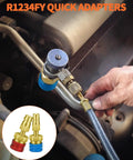 R134A to R1234YF Quick Coupler Adapter Kit for AC Charging shown in use with hand on hose fitting