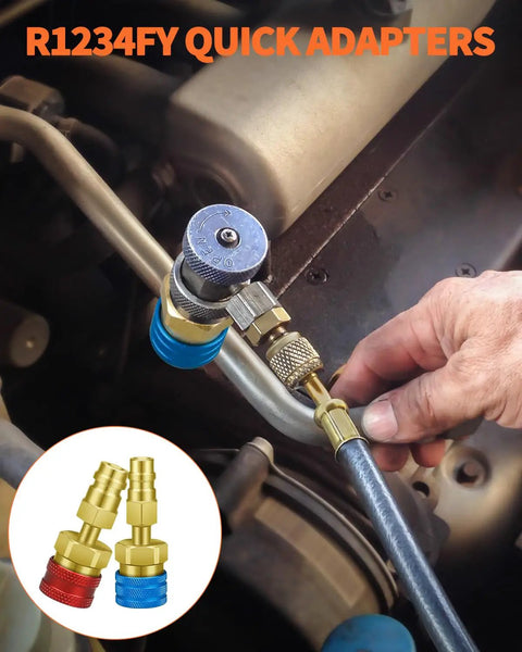 R134A to R1234YF Quick Coupler Adapter Kit for AC Charging shown in use with hand on hose fitting