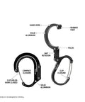 Diagram of HeroClip Small Carabiner Clip And Hook Three In One For Purses Strollers And Backpacks Stealth Black, showing features and materials.